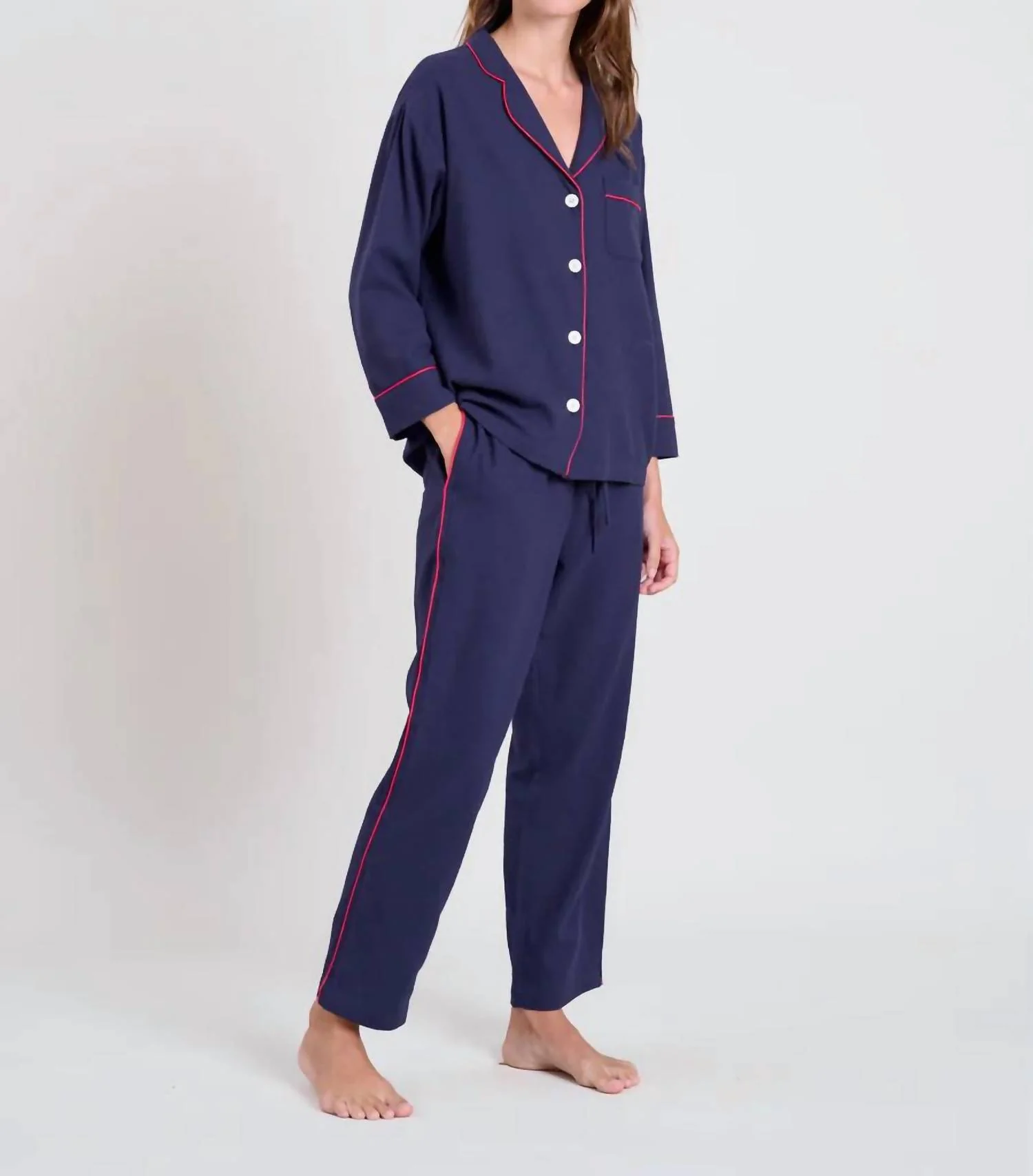 Marina Pajama Set In Navy Flannel/red Piping