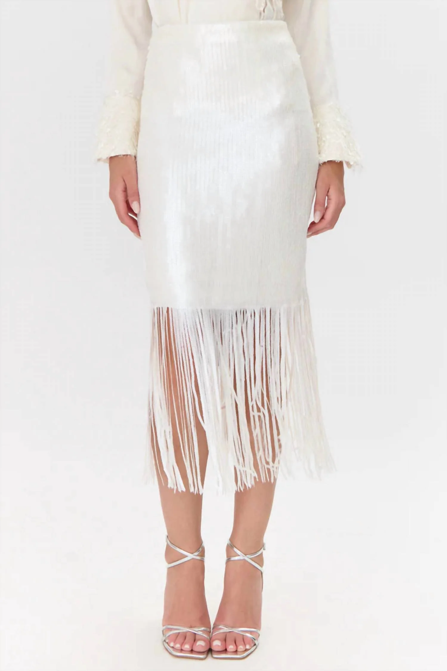 Milana Sequin Fringe Midi Skirt In Matte Ivory