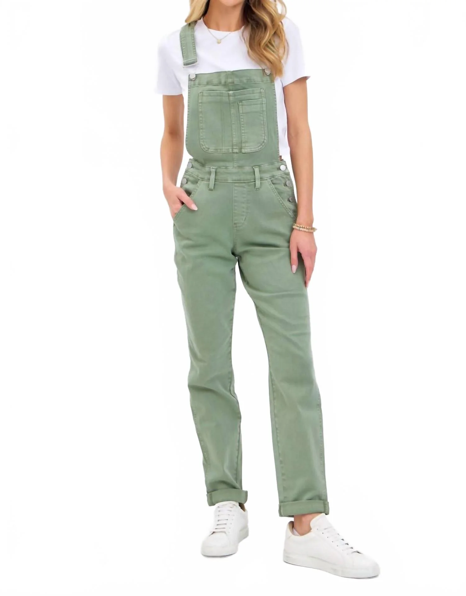High Waist Double Cuffed Boyfriend Overalls In Sage
