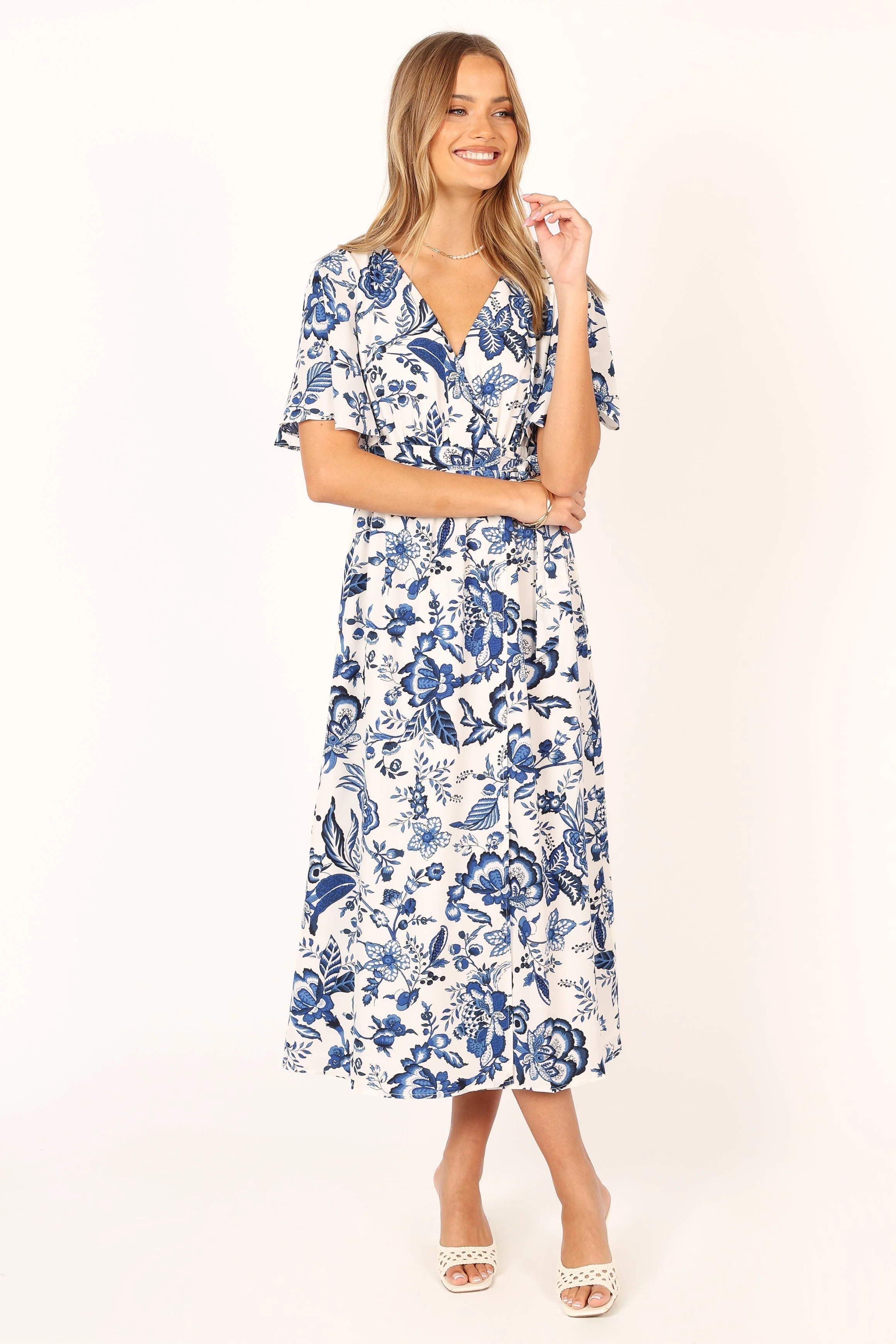 Kaleen Midi Wrap Dress - White Blue