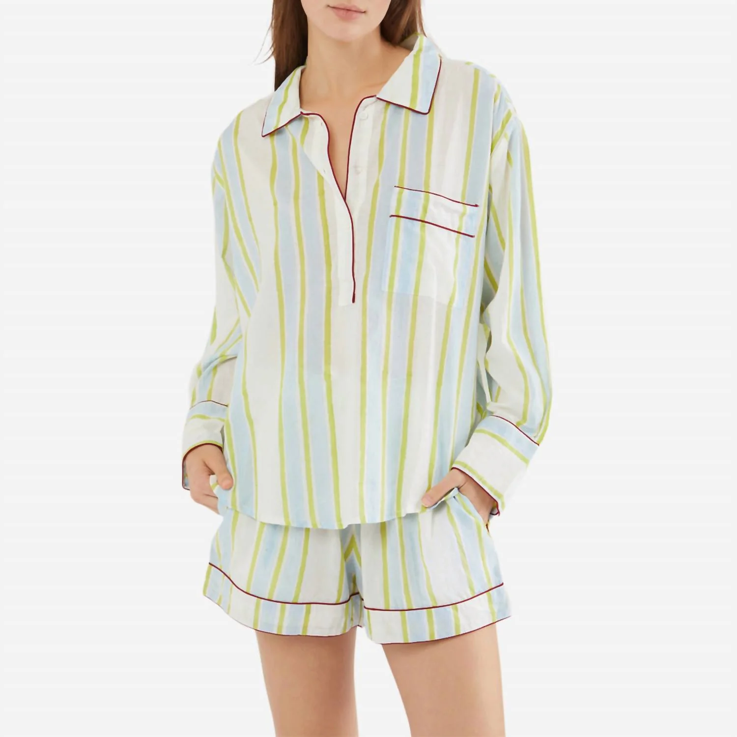 Lightweight Cotton Stripe Short Pj Set In Baby Blue / Green