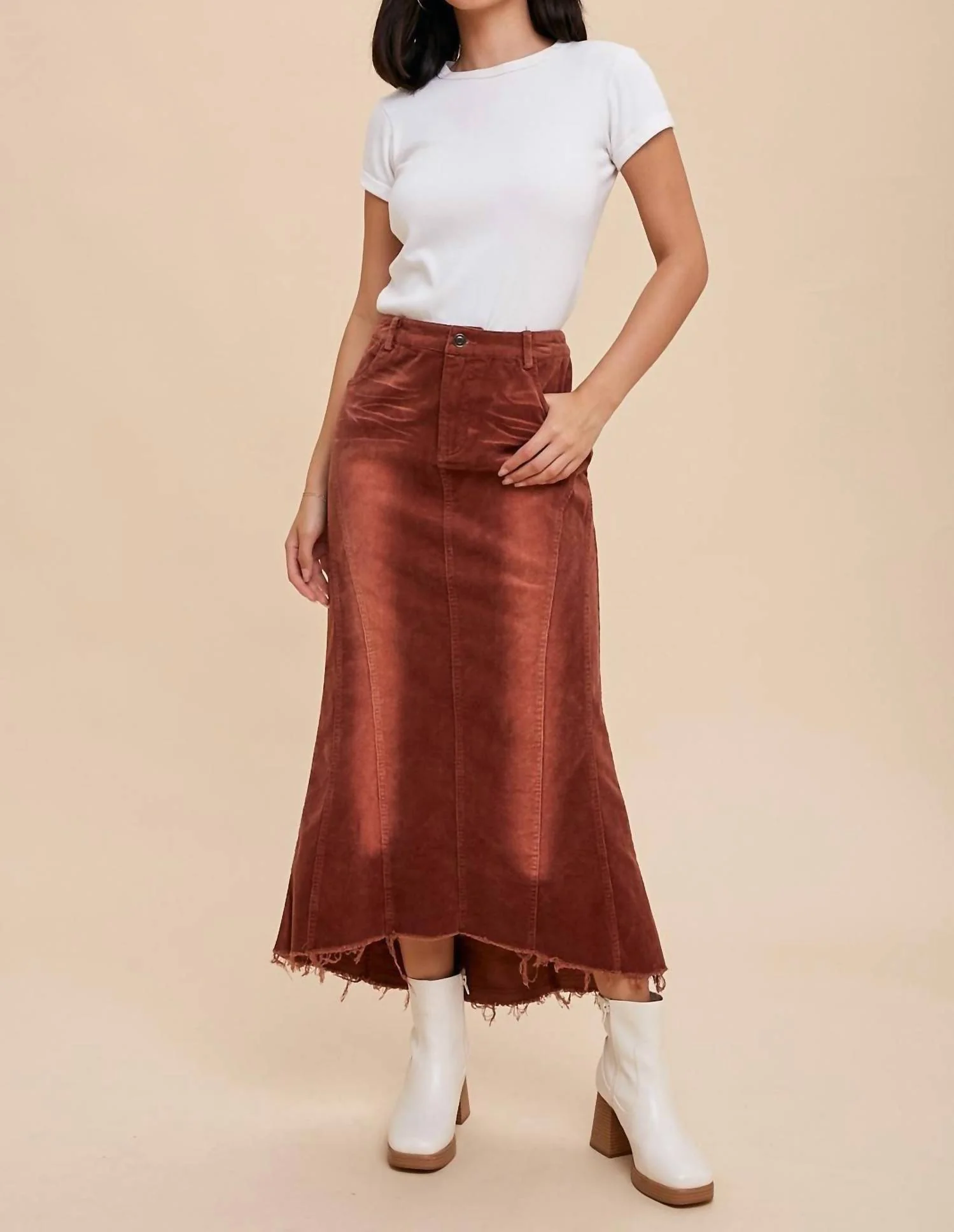 Garment Washed Corduroy Midi Skirt In Burnt Orange