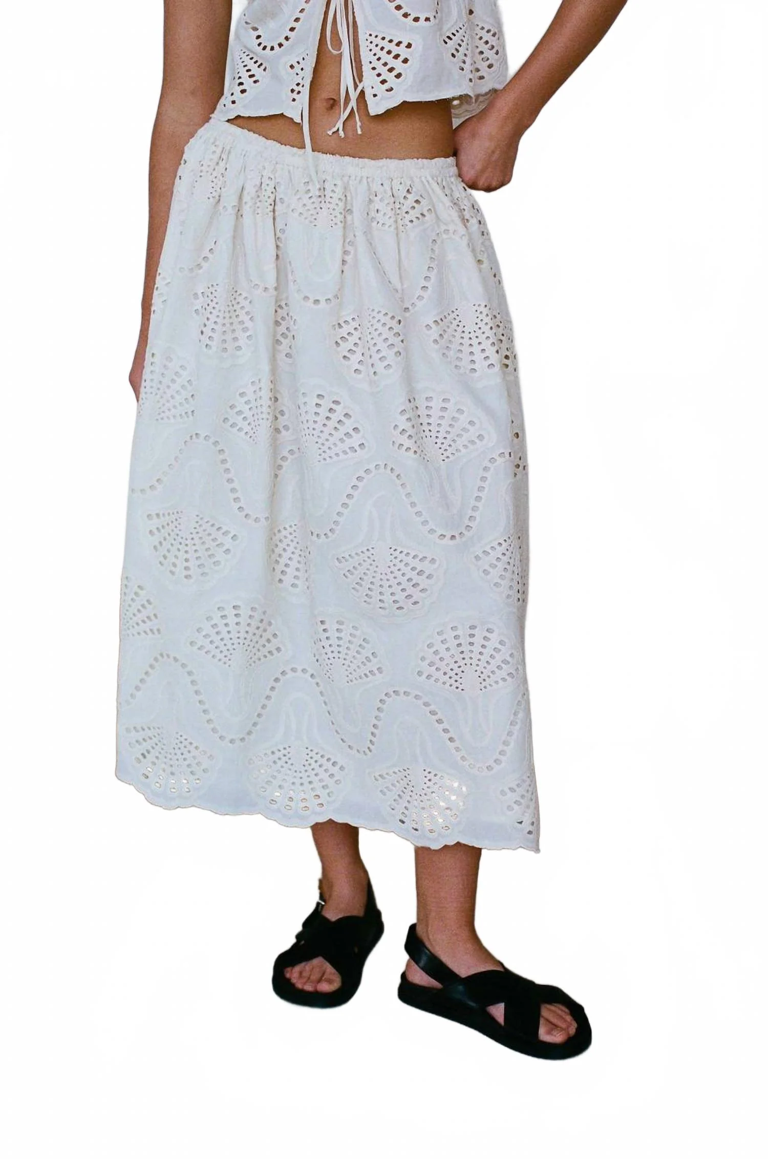 Embroidered Detail Midi Skirt In Ivory