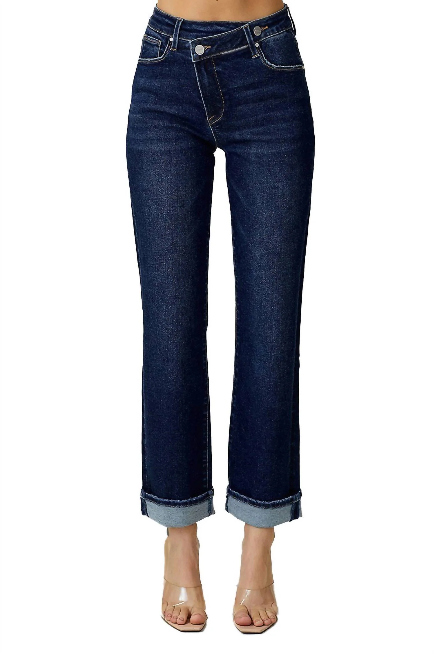 High Rise Crossover Straight Leg Jeans In Dark Blue