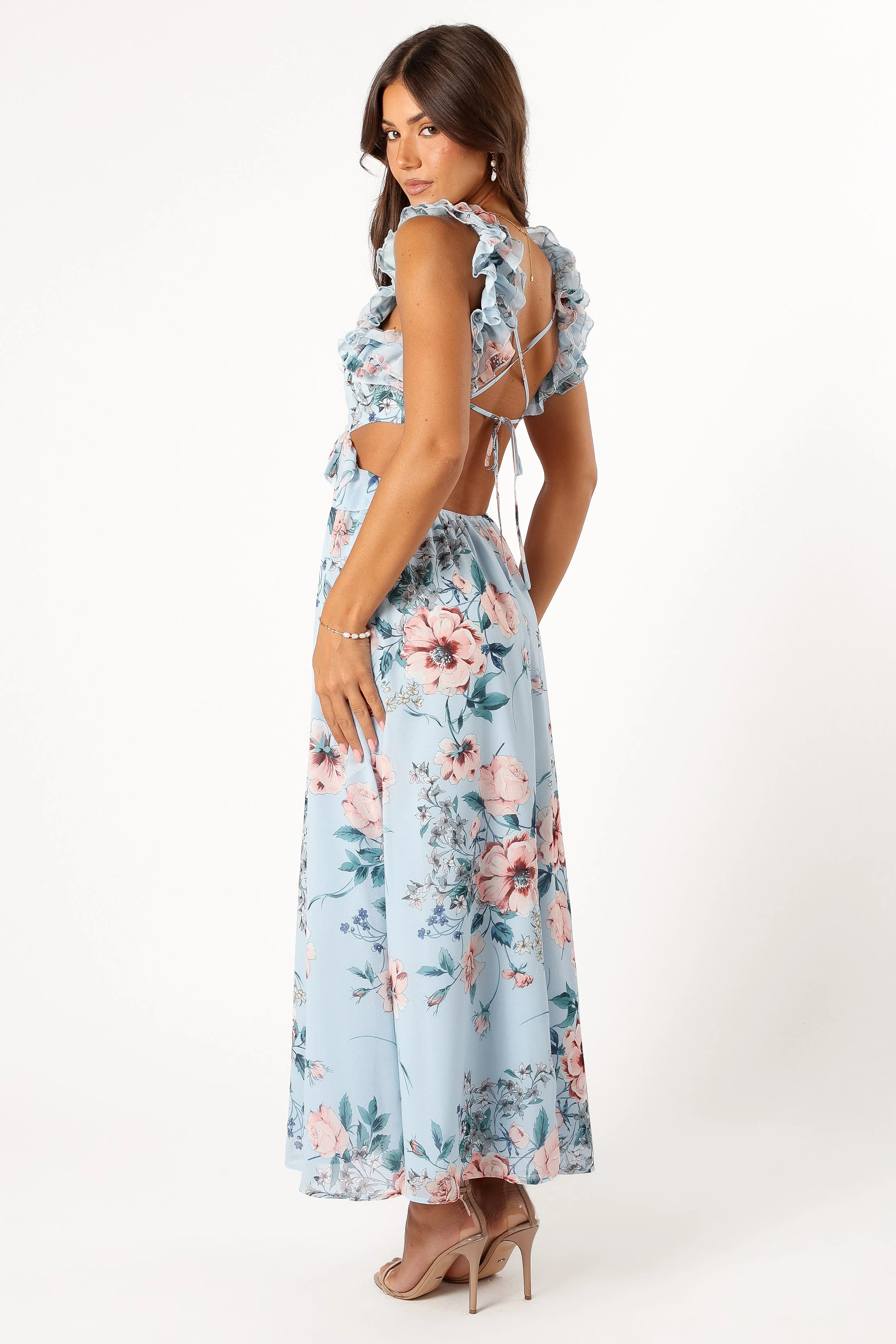 Lucah Frill Shoulder Maxi Dress - Blue Floral