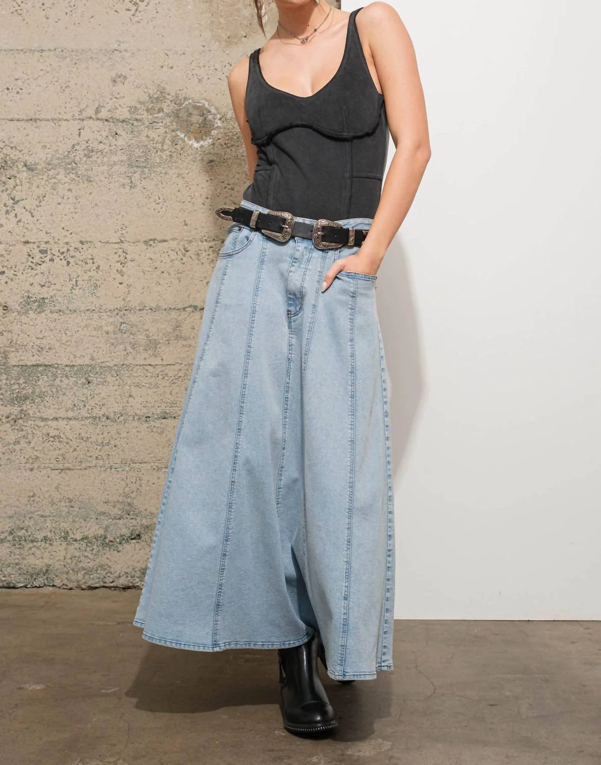 High Waist Vintage Full Long Skirt In Light Wash