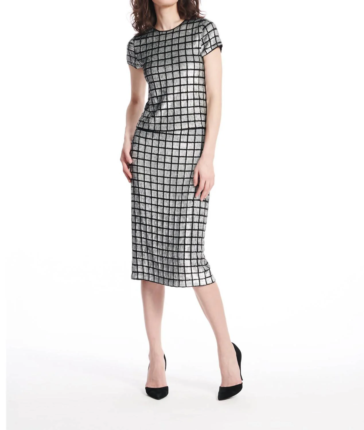 Beaded Checkboard Pattern Midi Skirt In Silver/black