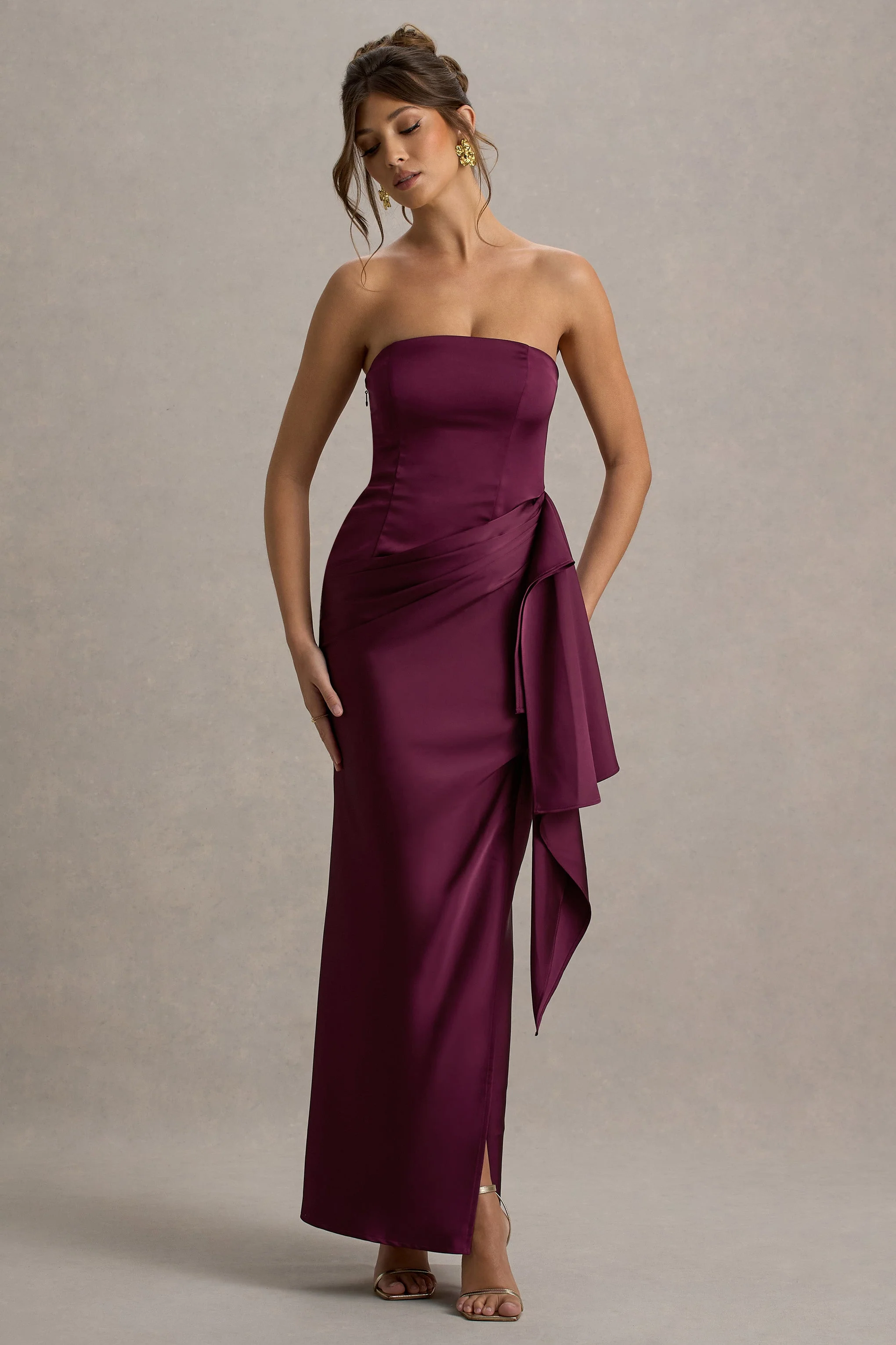 Loz | Burgundy Satin Bandeau Draped Maxi Dress