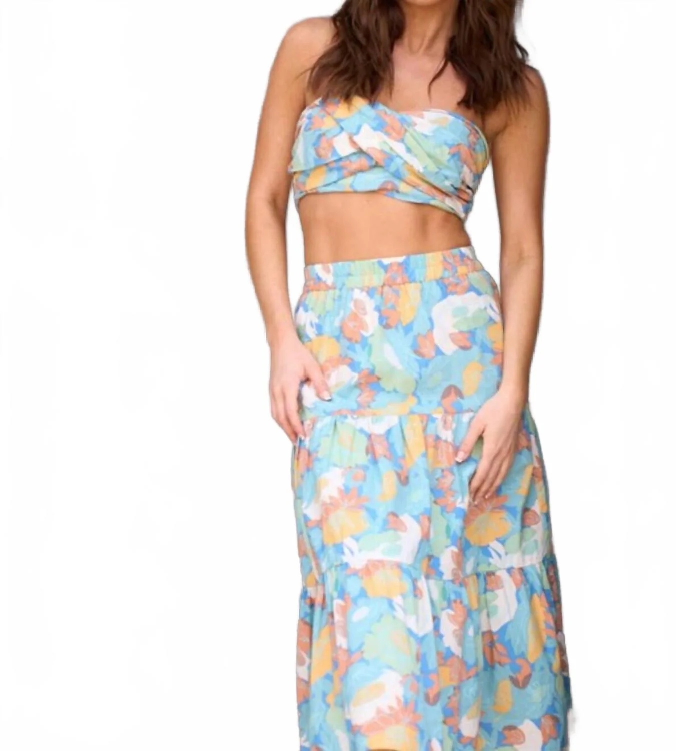 Alyssa Floral Twisted Tube Top Midi Skirt Set In Blue/ Green/ Yellow