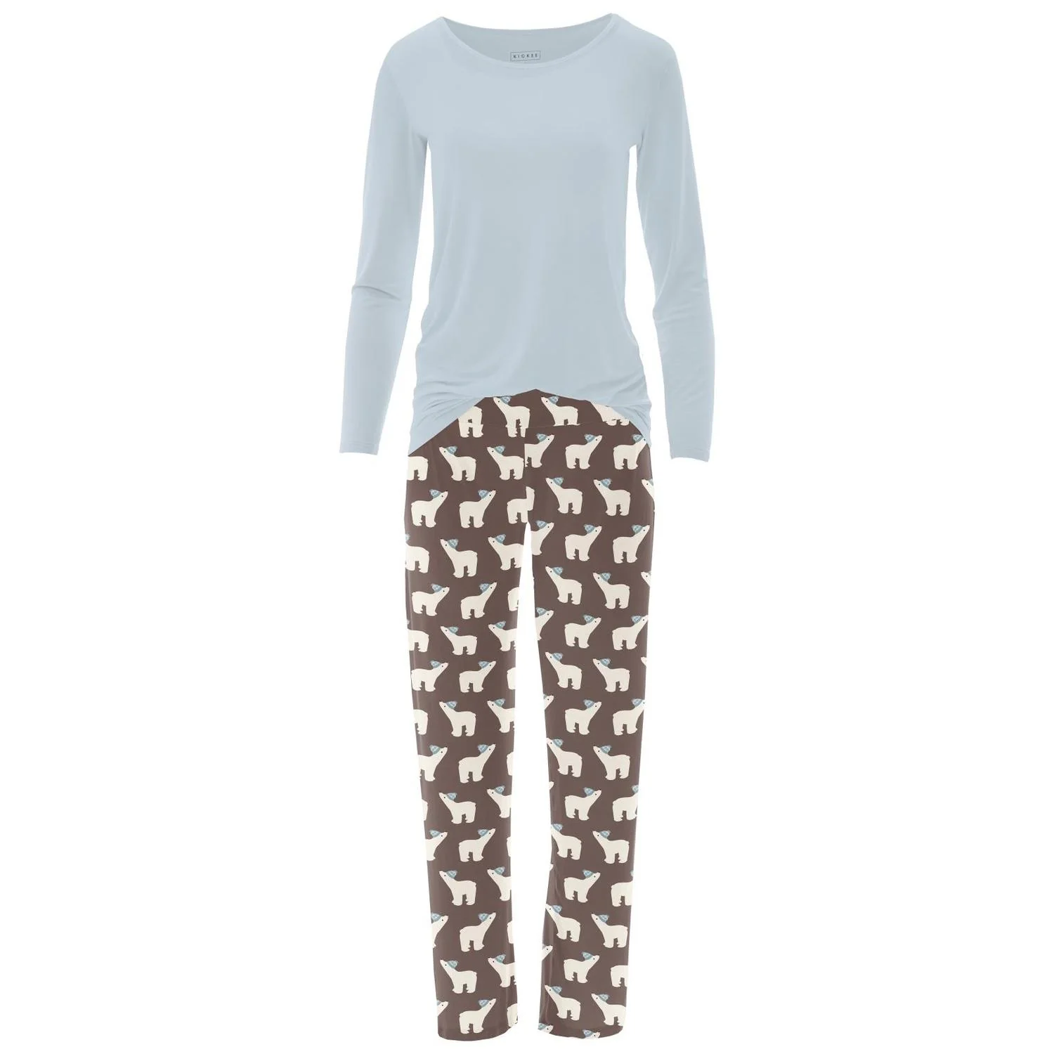 Women's Long Sleeve Tee & Pajama Pants Set In Coffee Polar Bears