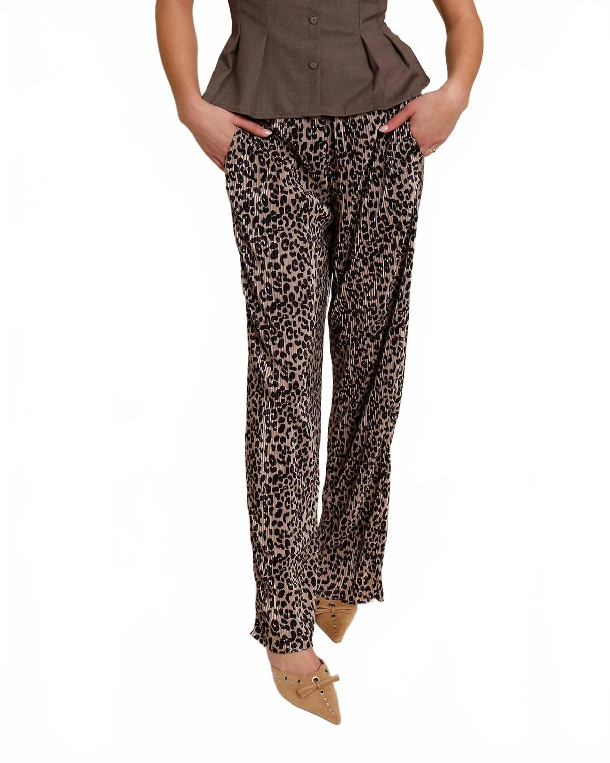 Leopard Print Fancy Wide Leg Pants In Brown
