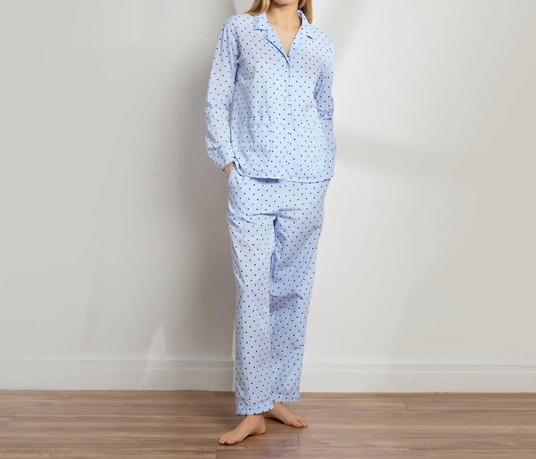 Swiss Dot Cotton Long Pj Set In Light Blue