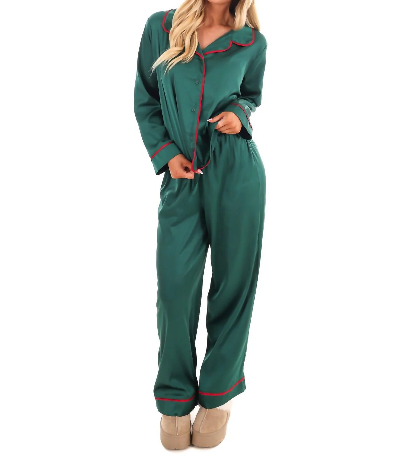 Cozy Claus Satin Christmas Pajamas In Green