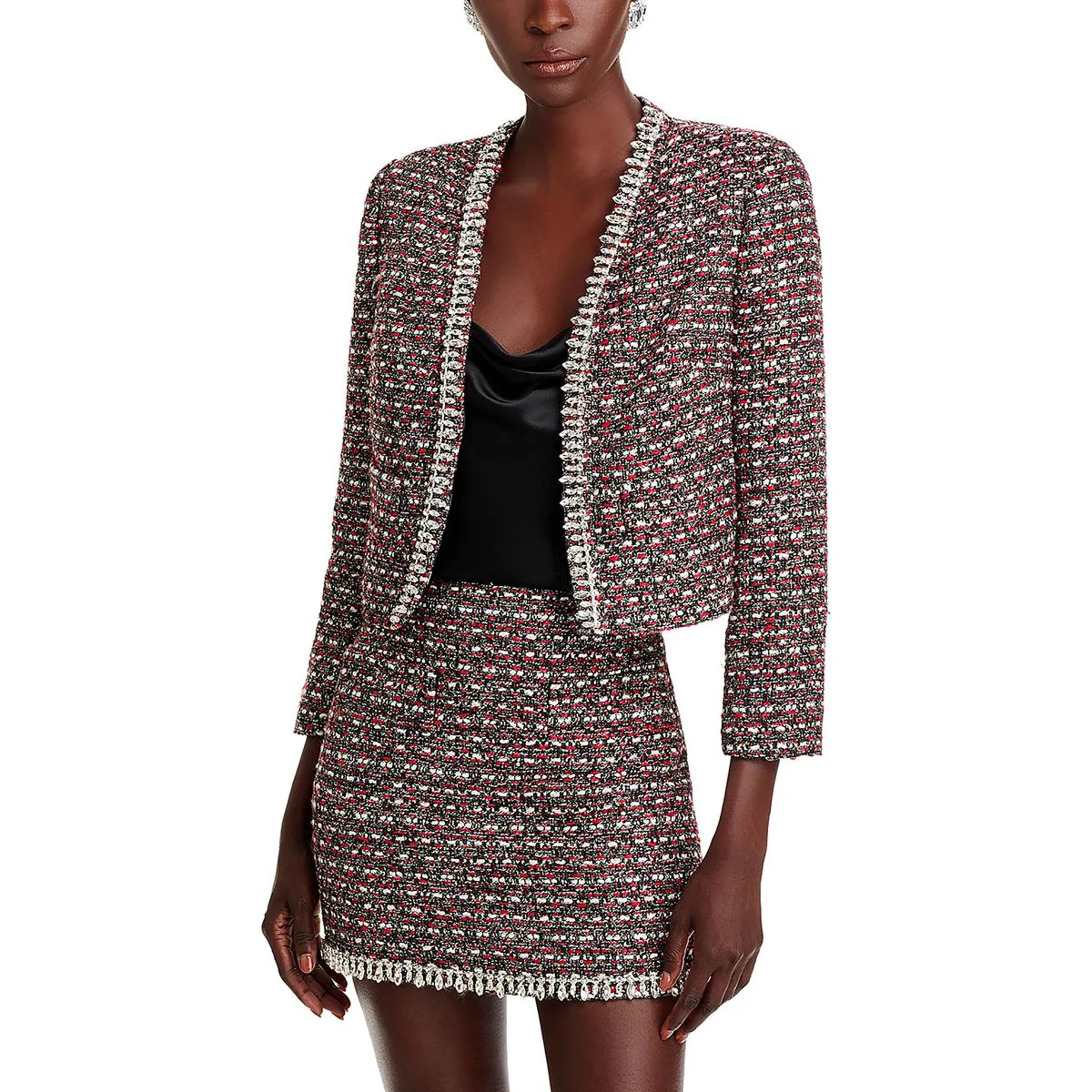 Petites Womens Embellished Tweed Open-Front Blazer