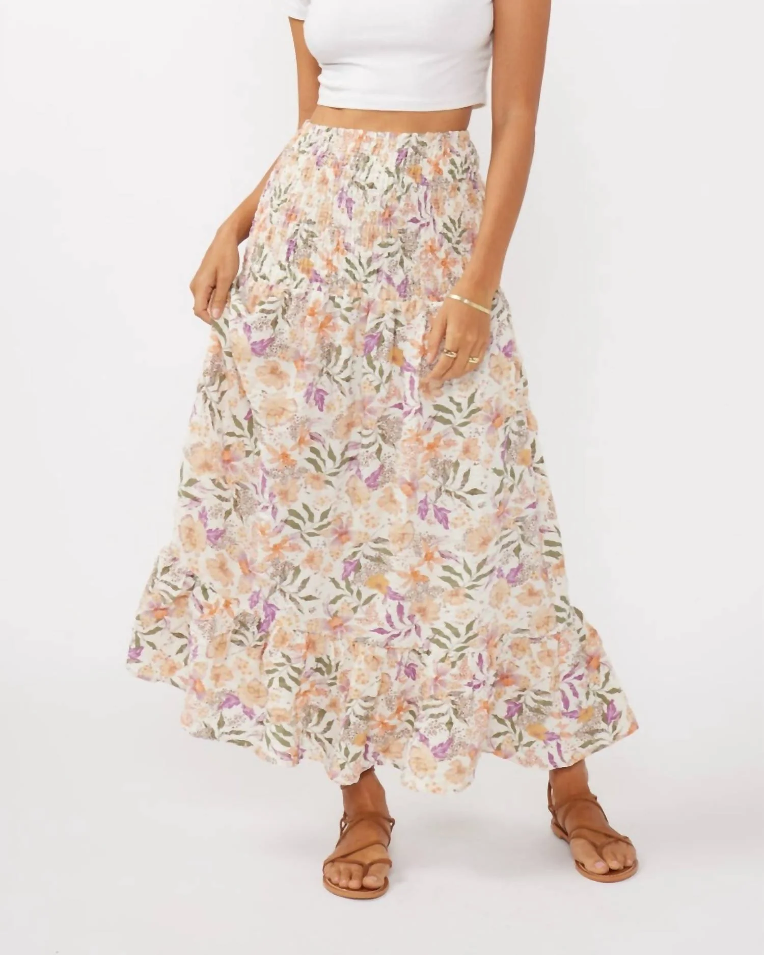 Convertible Floral Smocked Skirt In Cream/dusty Lilac