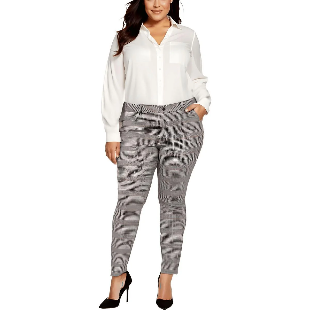 Plus Marilyn Womens Plaid Polyester Straight Leg Pants