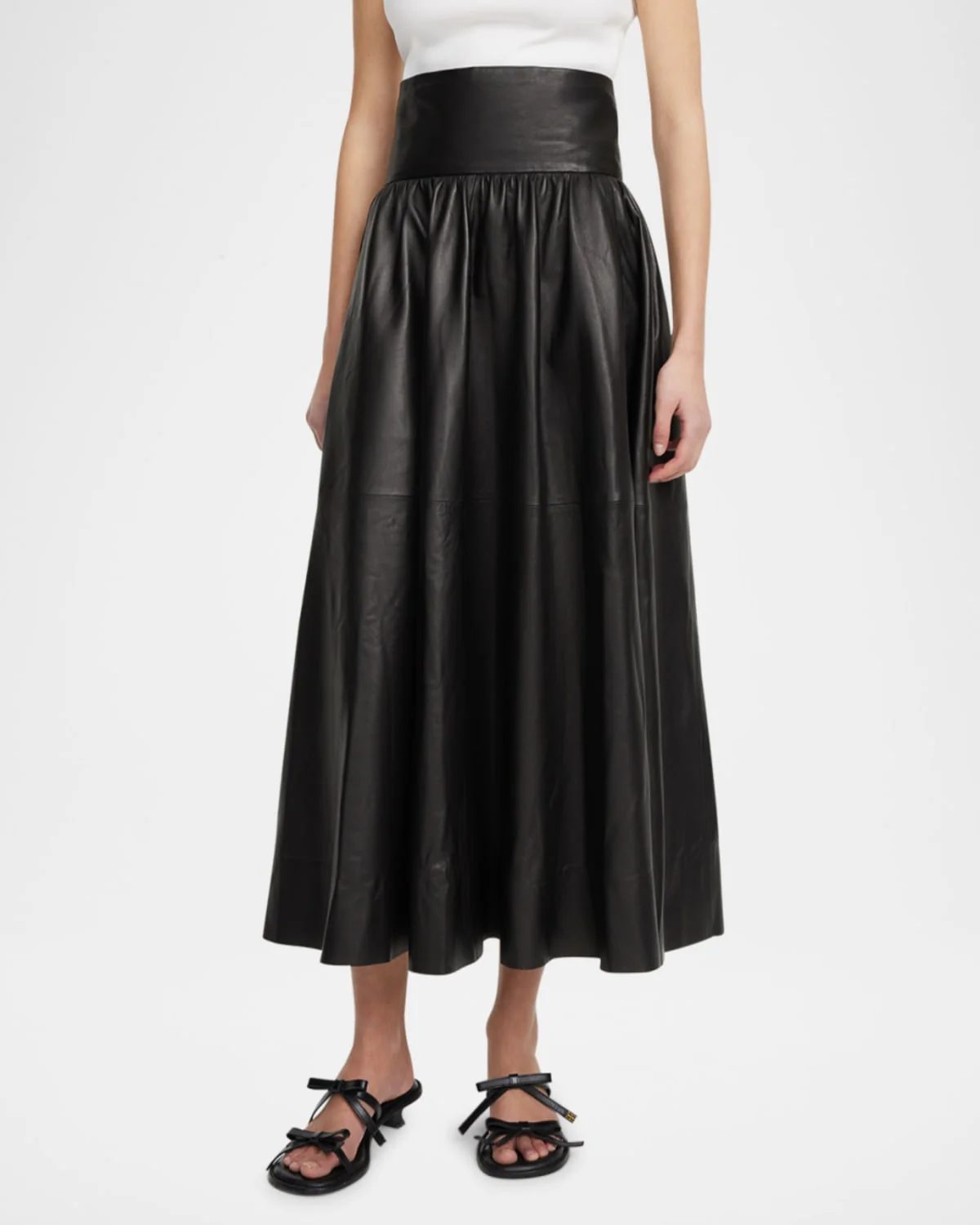 Mivilo A-Line Leather Midi Skirt