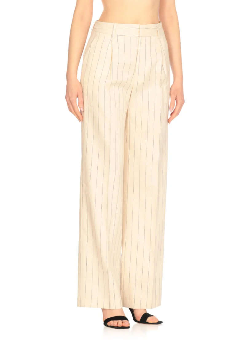 Ivory Linen And Cotton Palazzo Pants With Striped Pattern