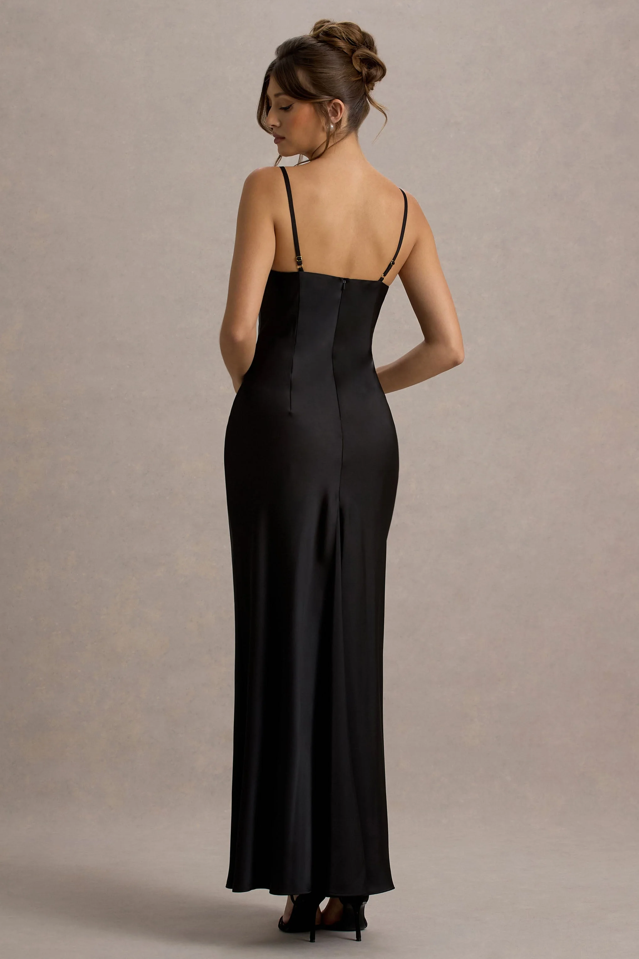 Eimear | Black Satin Draped Sweetheart Maxi Dress