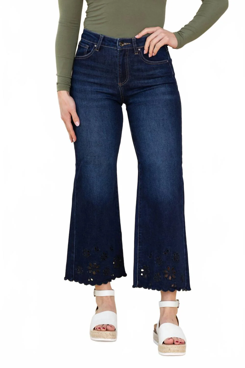 Laser Cut Detail Jeans In Dark Wash