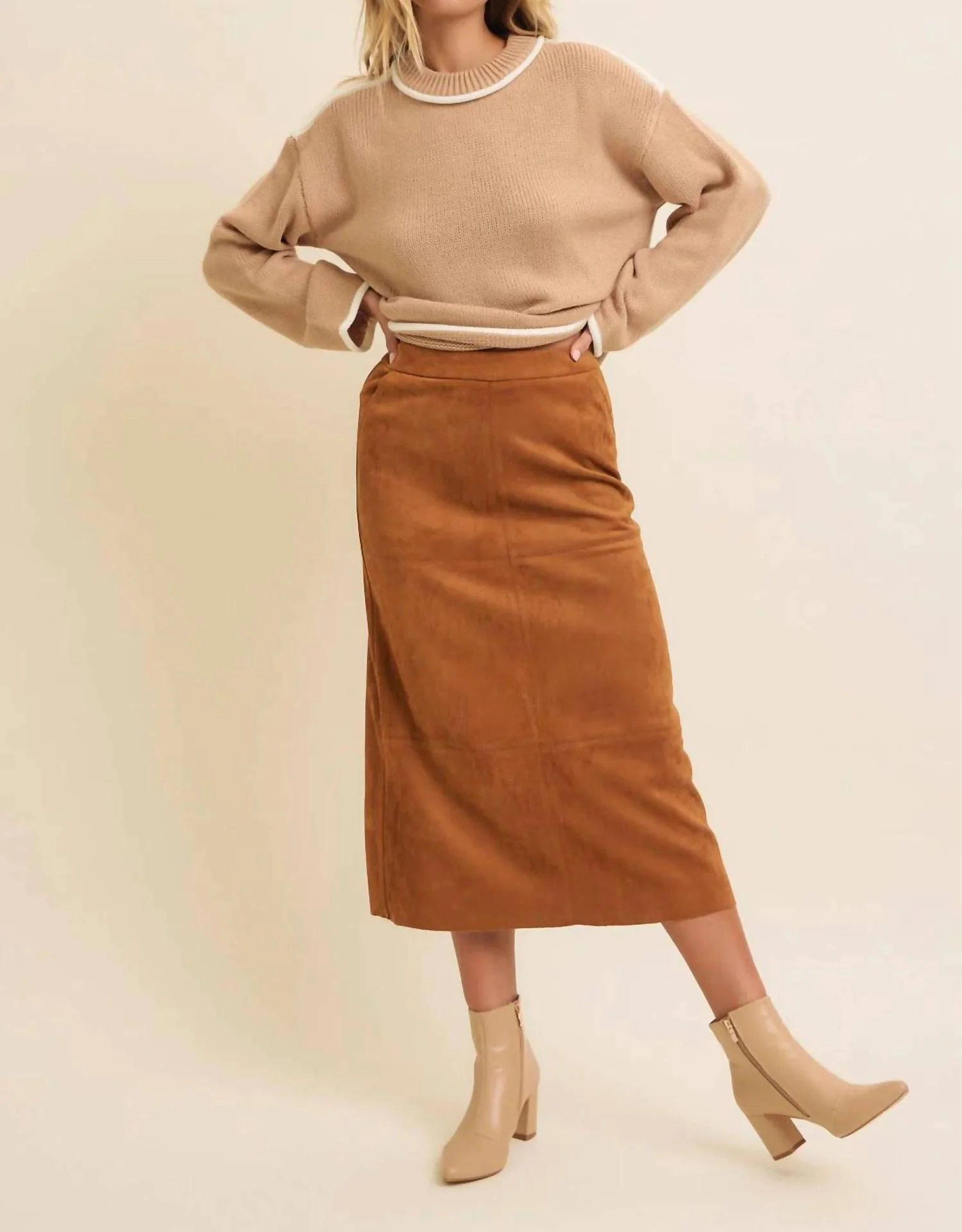 Suede Back Slit Midi Skirt In Caramel
