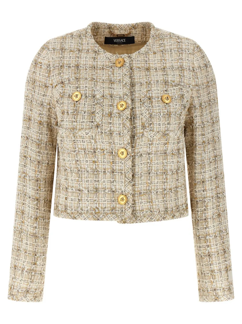 Textured Tweed Cardigan With Medusa Button Closure
