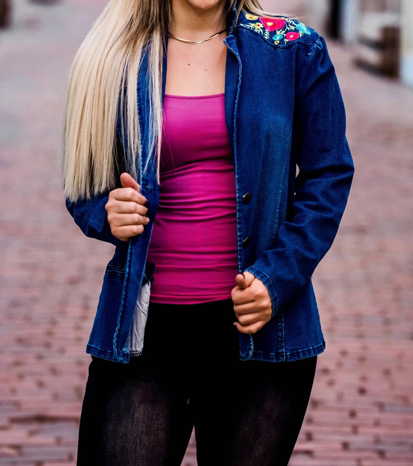 Denim Embroidered Blazer In Blue
