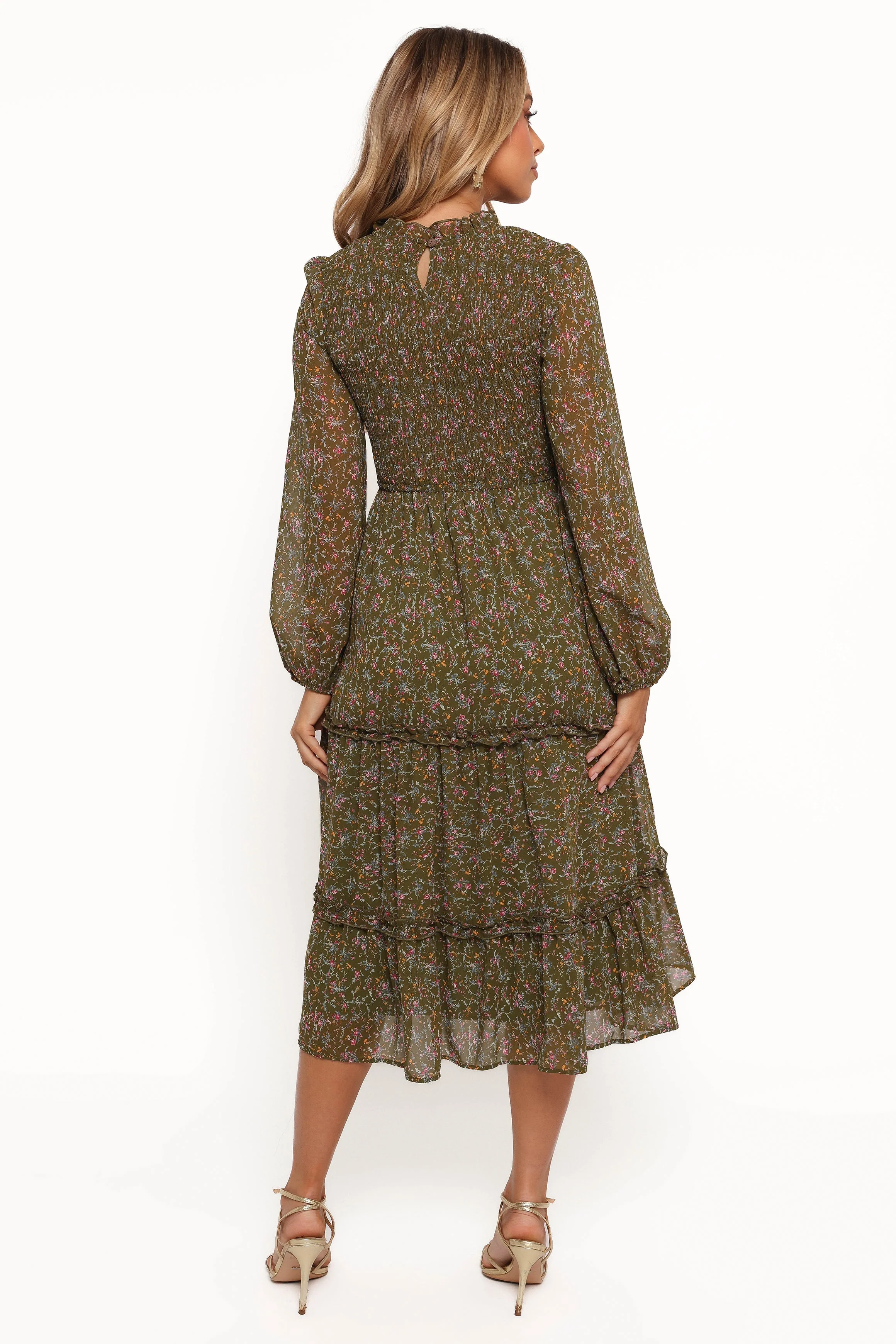 Edwina Shirred Frill Long Sleeve Midi Dress - Olive Floral