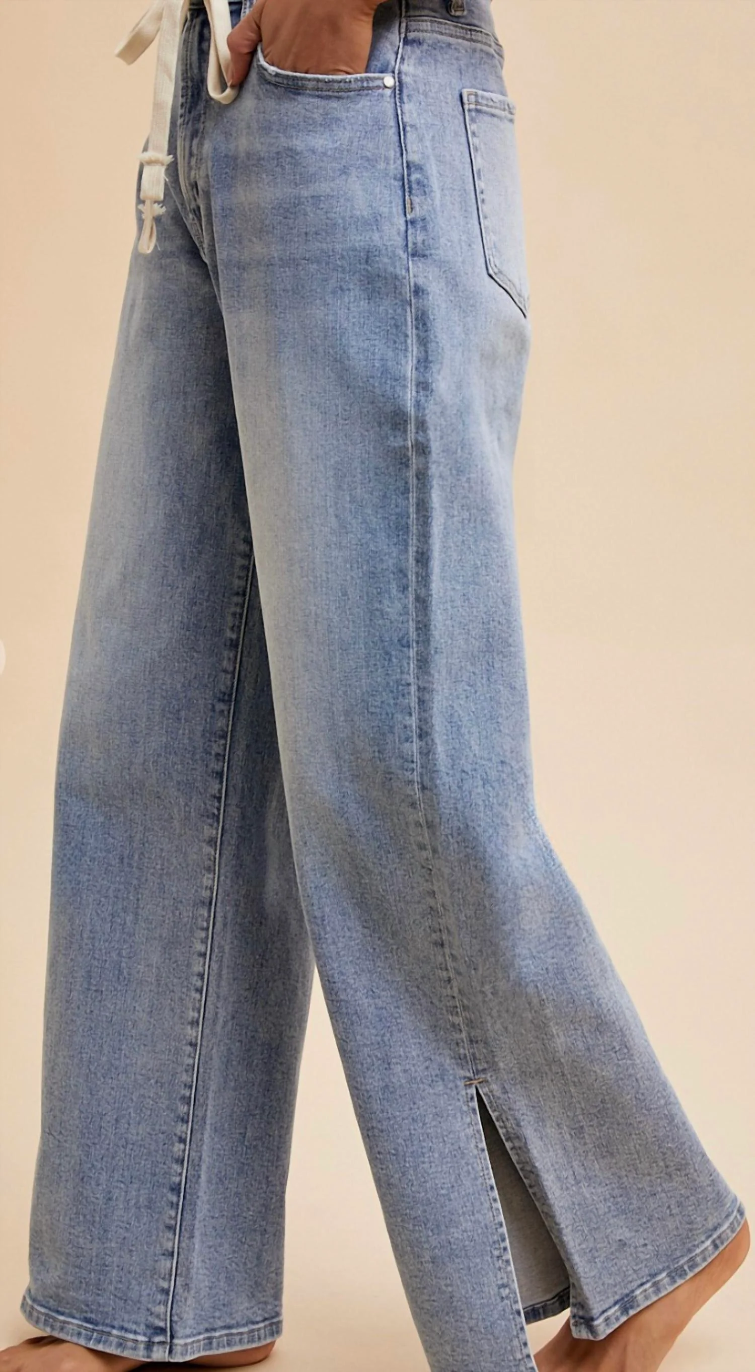 Waist Strap Detail Stretch Side Slit Wide Leg Jean In Blue