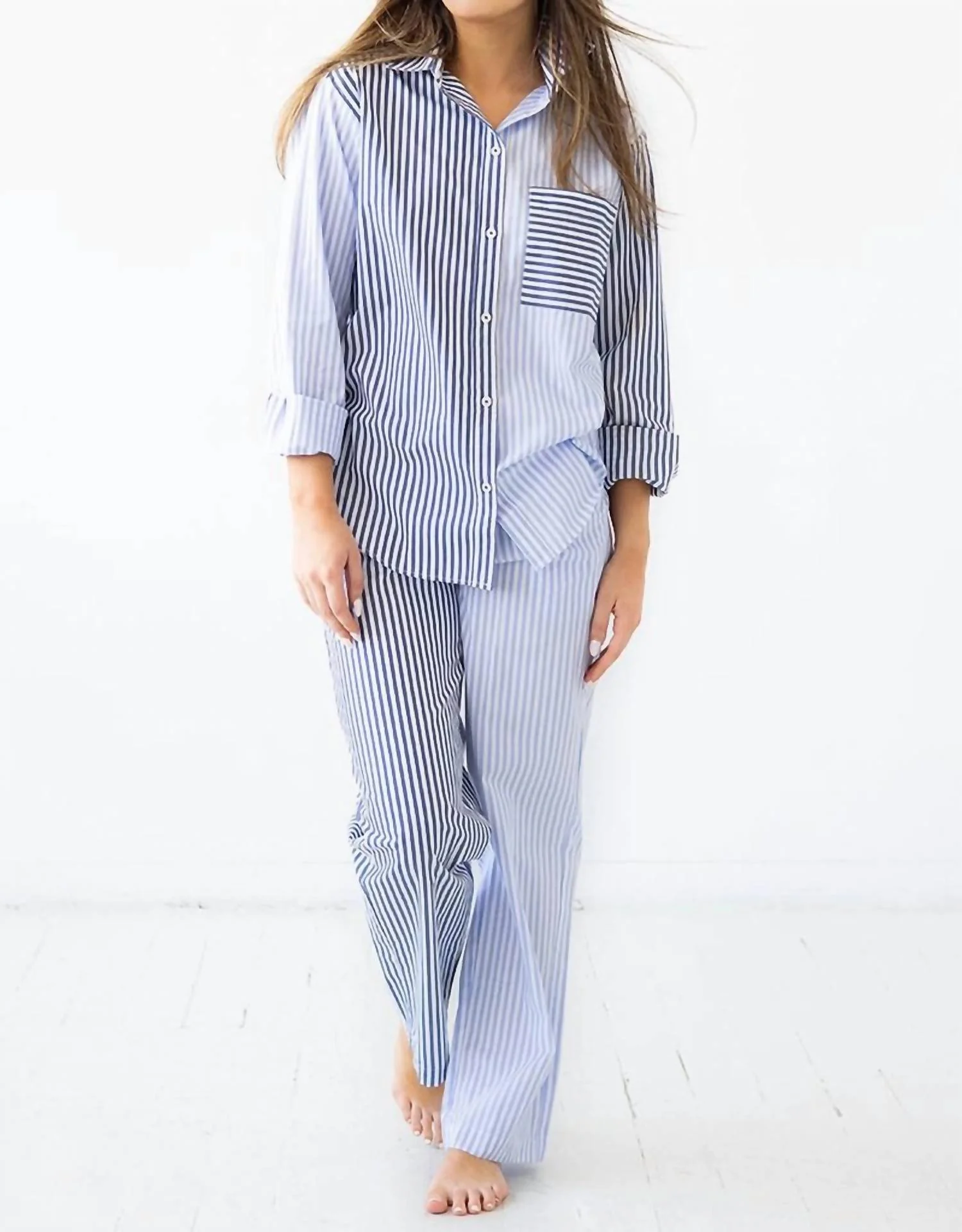 2 Pc Stripe Pj Set In Light Blue Navy