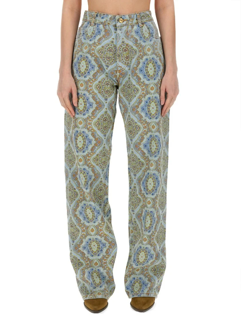 Paisley-Print High-Waisted Wide-Leg Jeans