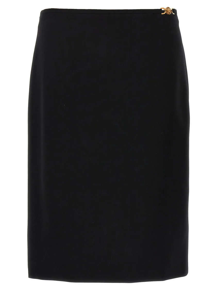 Tailored Stretch Wool Midi Skirt With Logo Detail