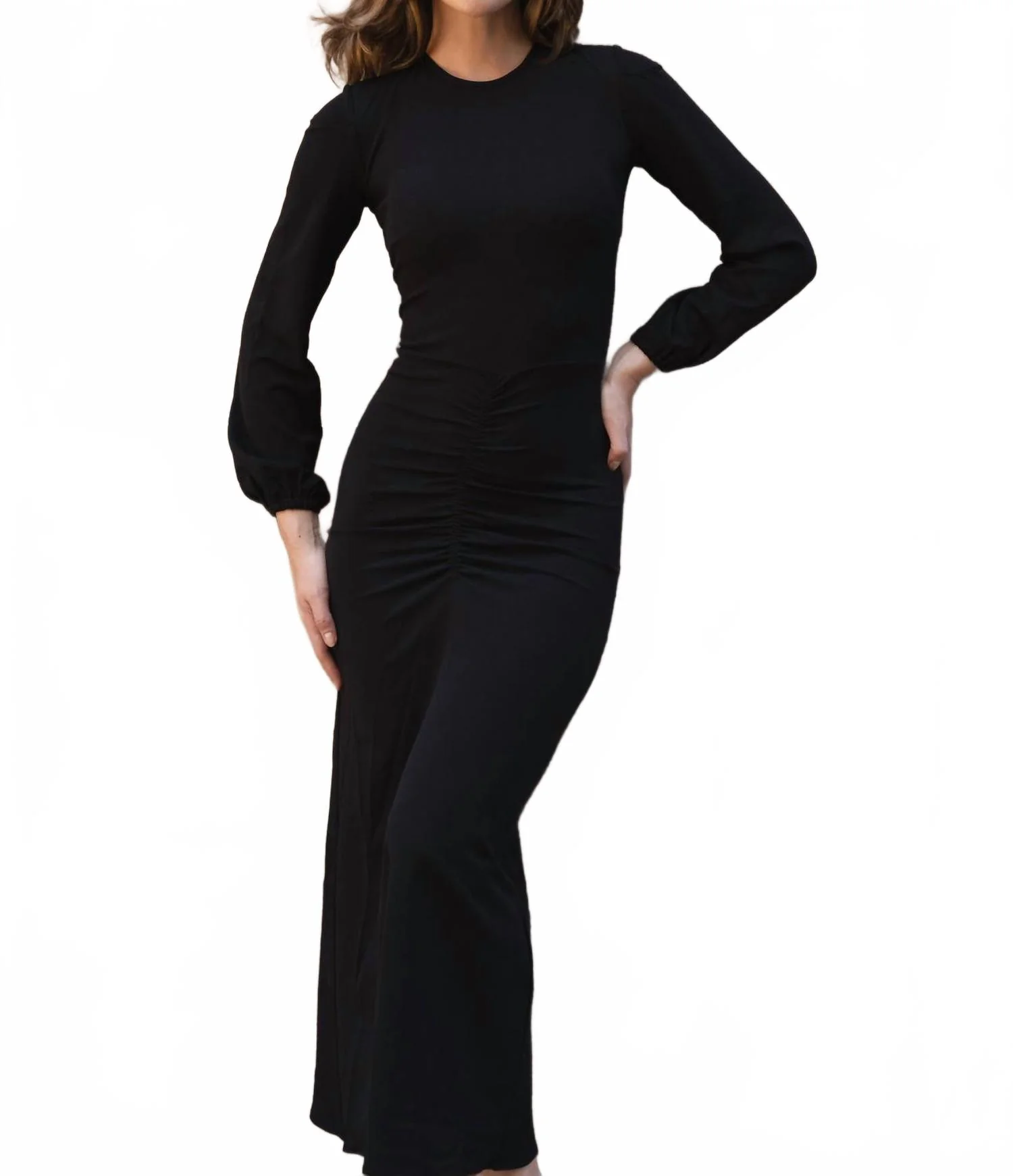 Puffed Sleeve Ruched Front Midi Dress In Black