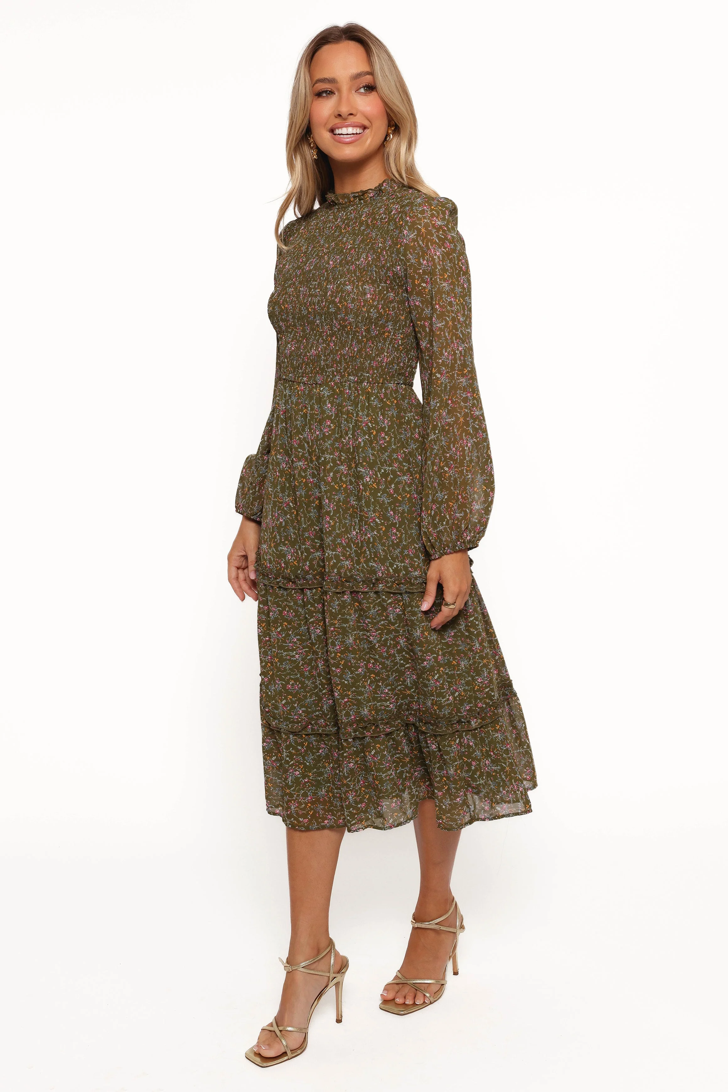 Edwina Shirred Frill Long Sleeve Midi Dress - Olive Floral