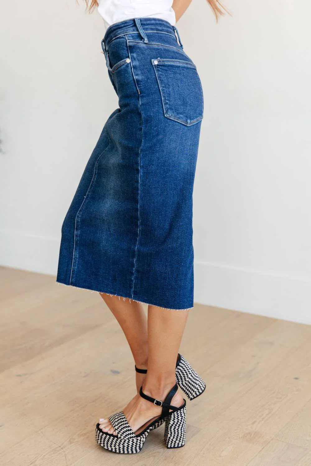 High Rise Denim Midi Skirt In Dark Wash