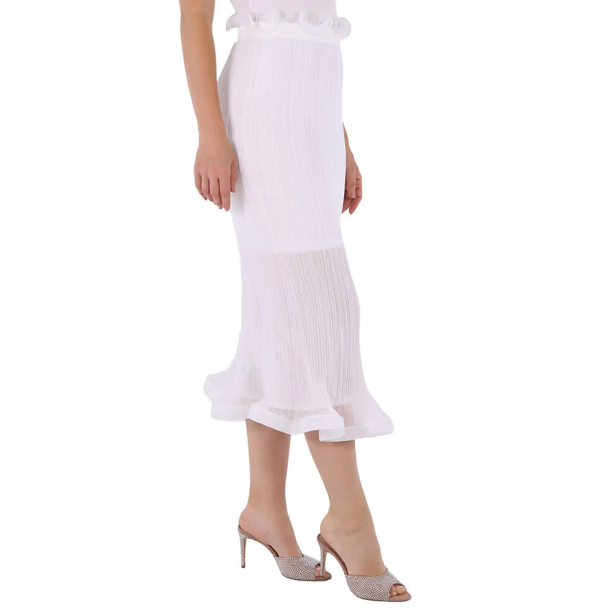 Burberry Ladies Optic White Plisse Ruffle Detail Skirt