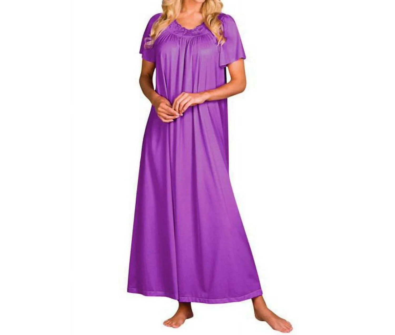 Flower Petal Embroidery And Flutter Sleeves Long Nightgown In Purple
