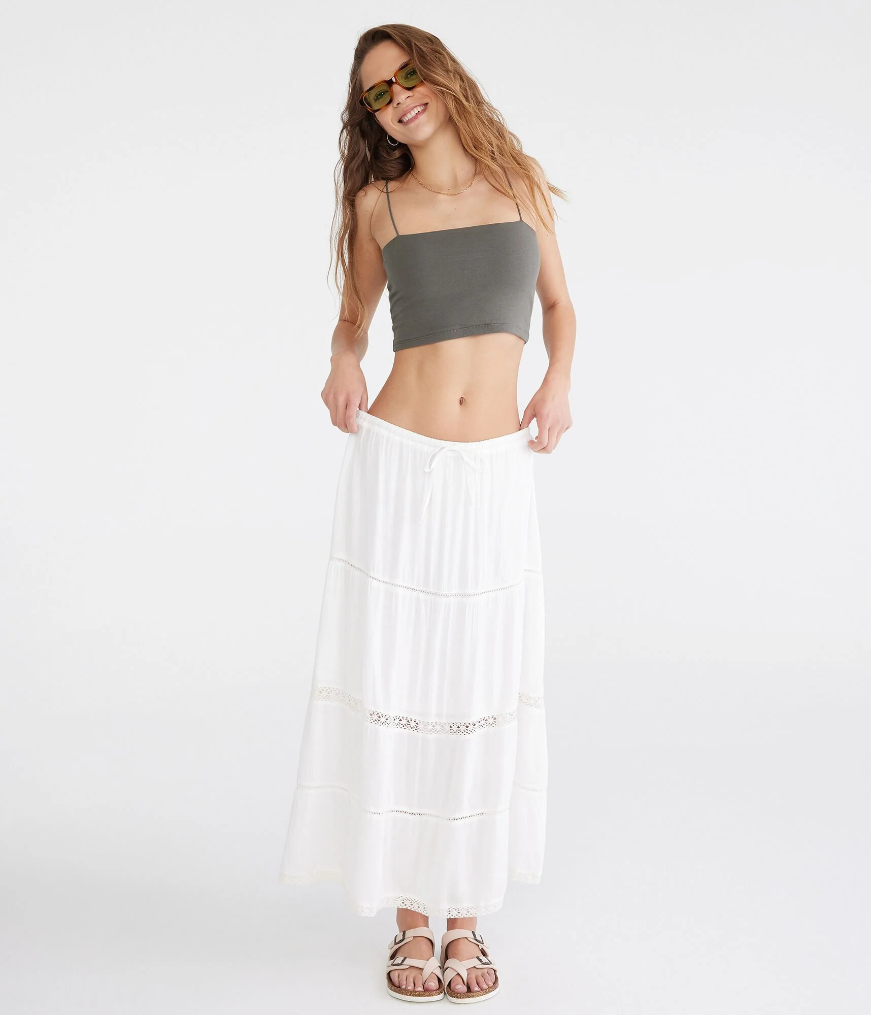 Aeropostale Crinkle Lace-Trim Maxi Skirt