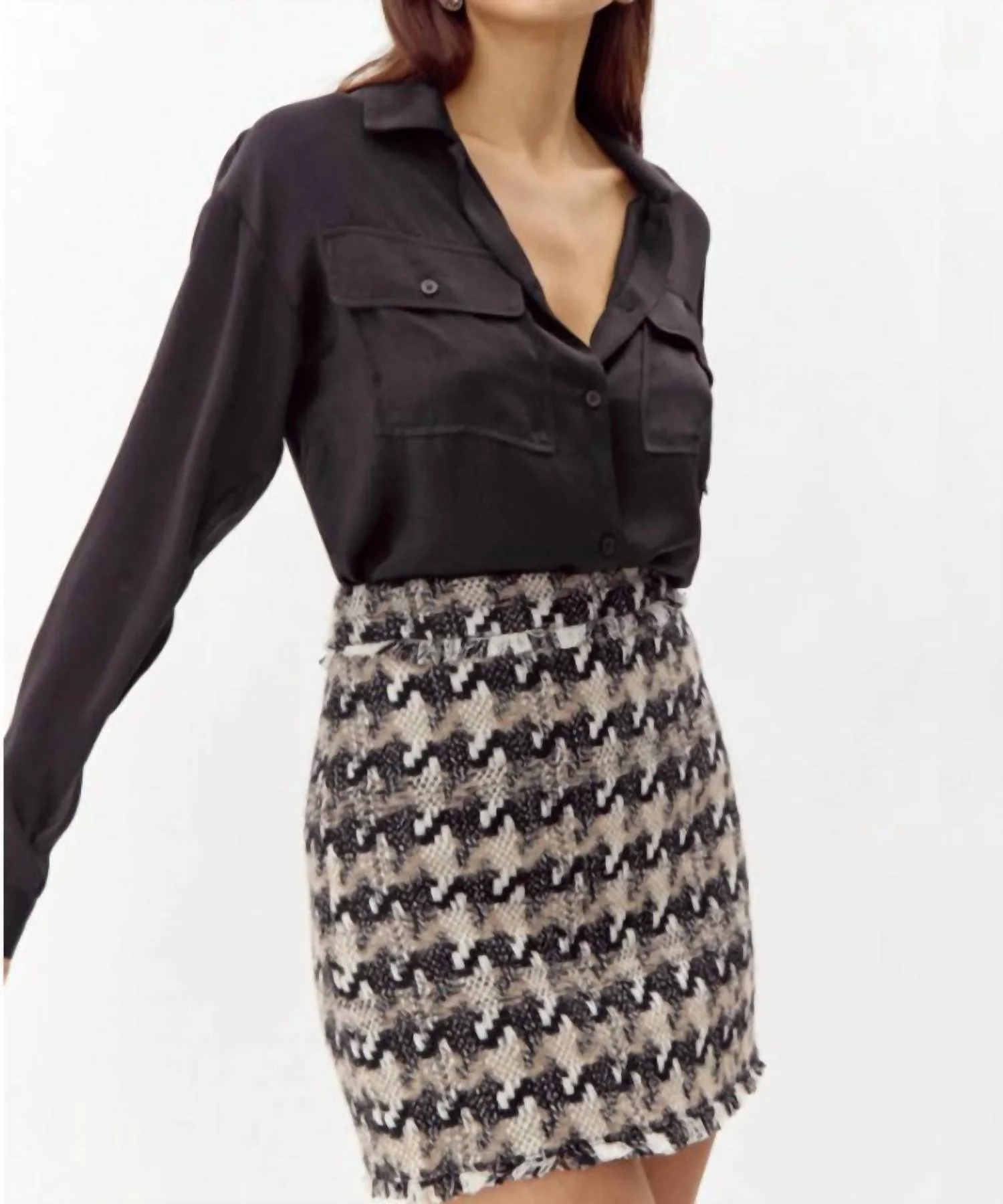 Lenny Houndstooth Tweed Mini Skirt In Black Multi