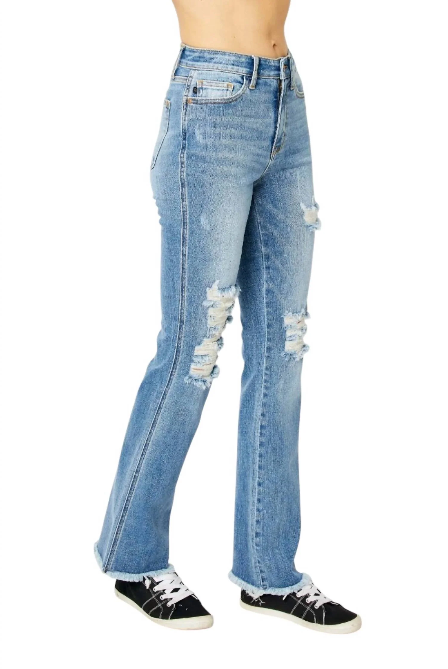 High Waisted Destroy Fray Hem Bootcut Jeans In Medium Blue