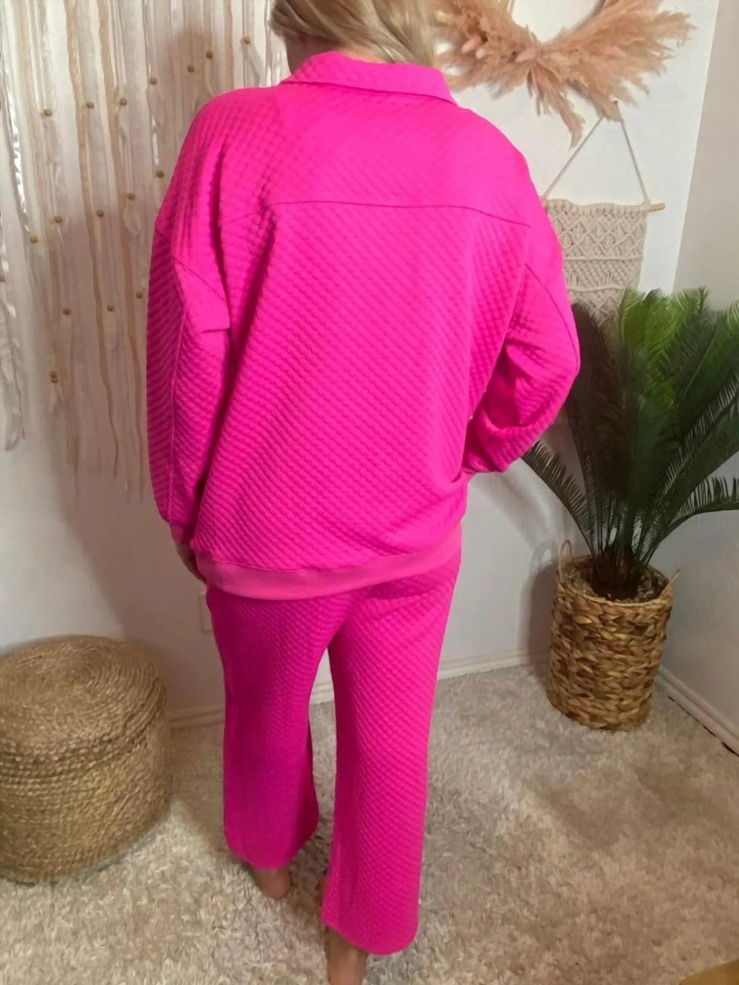 Quarter Zip Sweater And Pants Set In Hot Pink