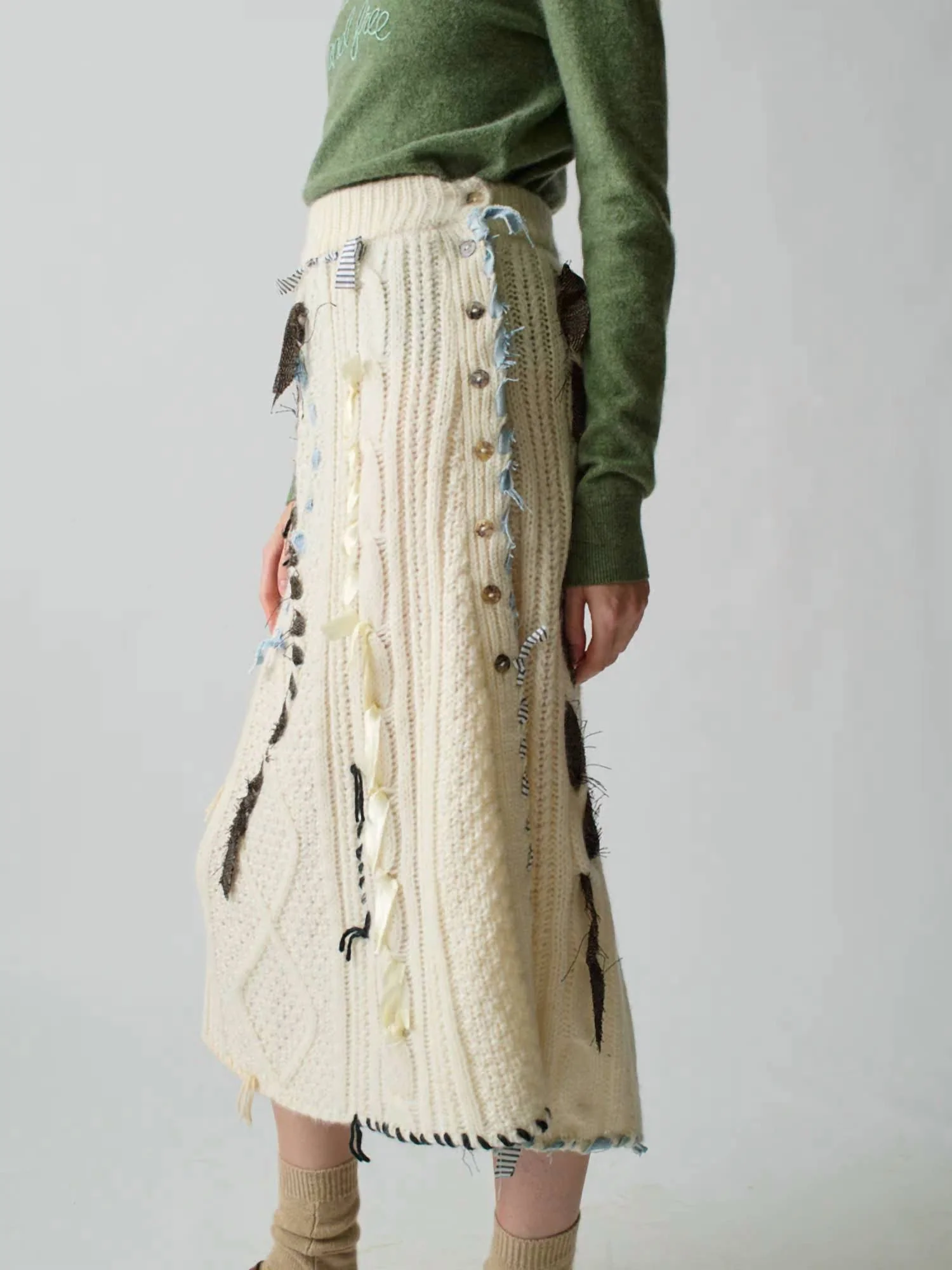 Jade Embellished Cable-Knit Midi-Skirt In Ivory