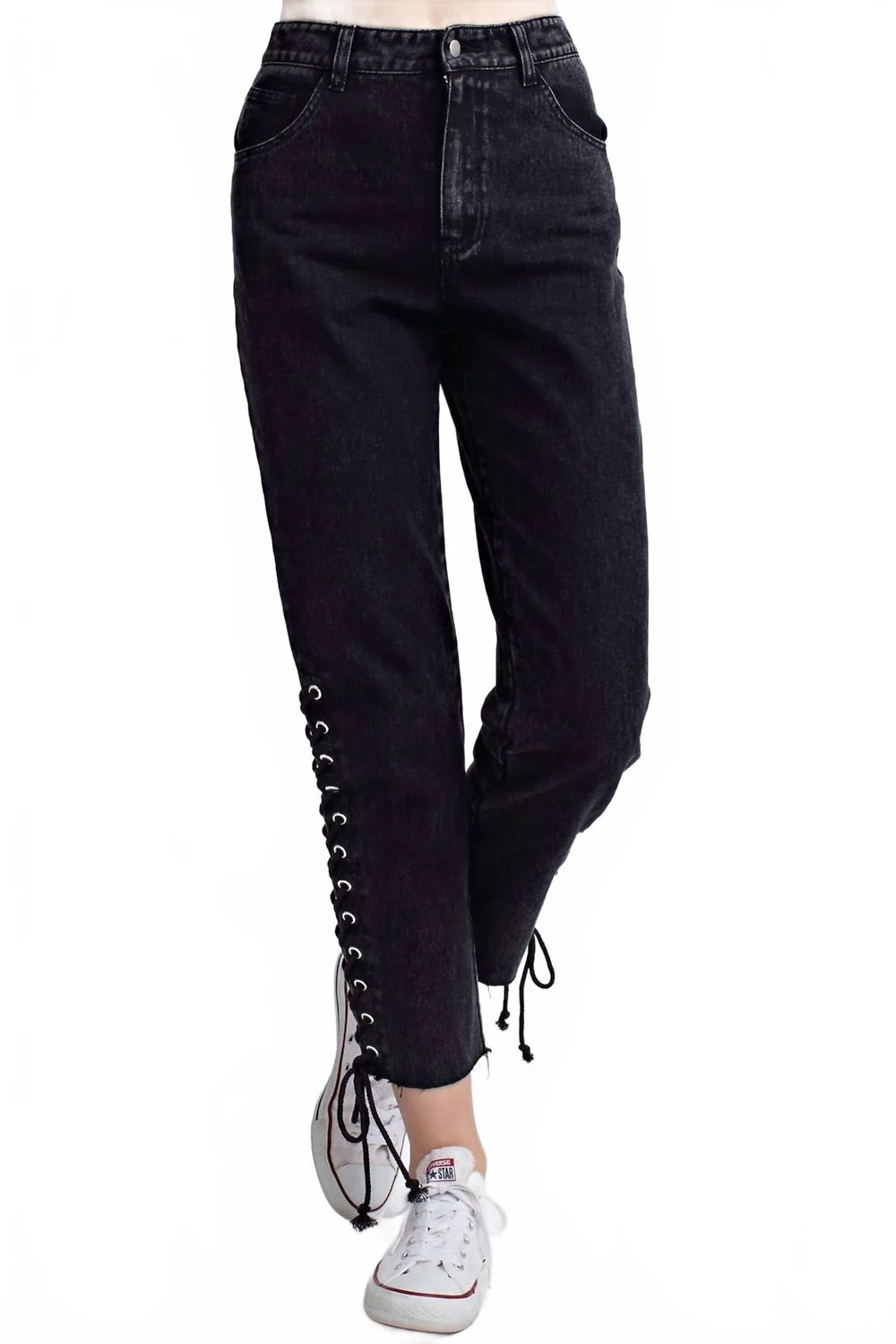 Side Lace Up Denim Pant In Black