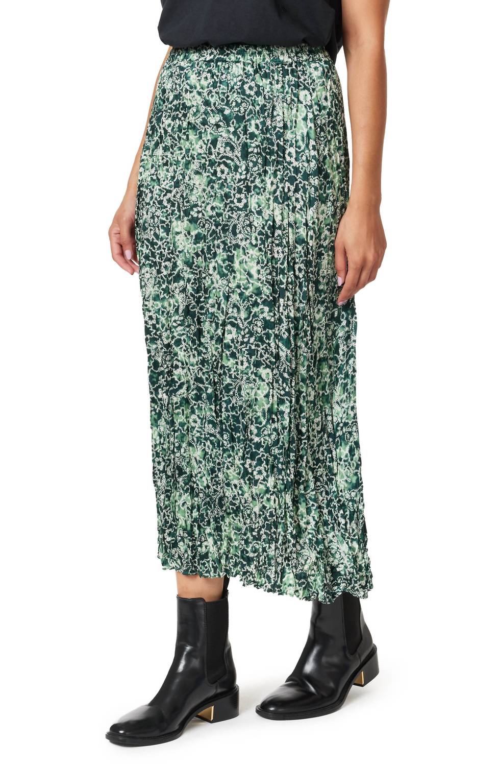 Pleated Floral Midi Skirt In Shibori Floral Green
