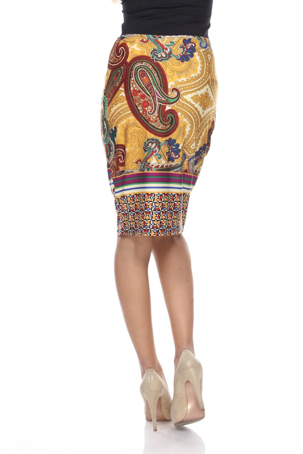 Printed Pencil Skirt In Mustard Brown