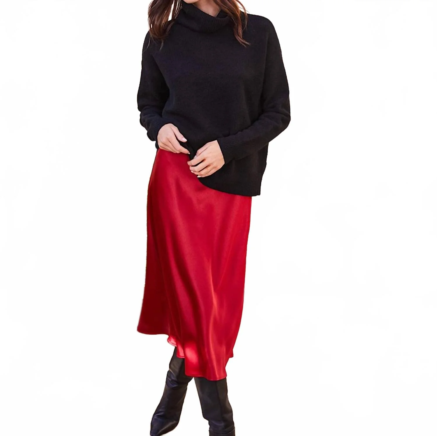 Satin Bias Cut Midi Skirt In Red