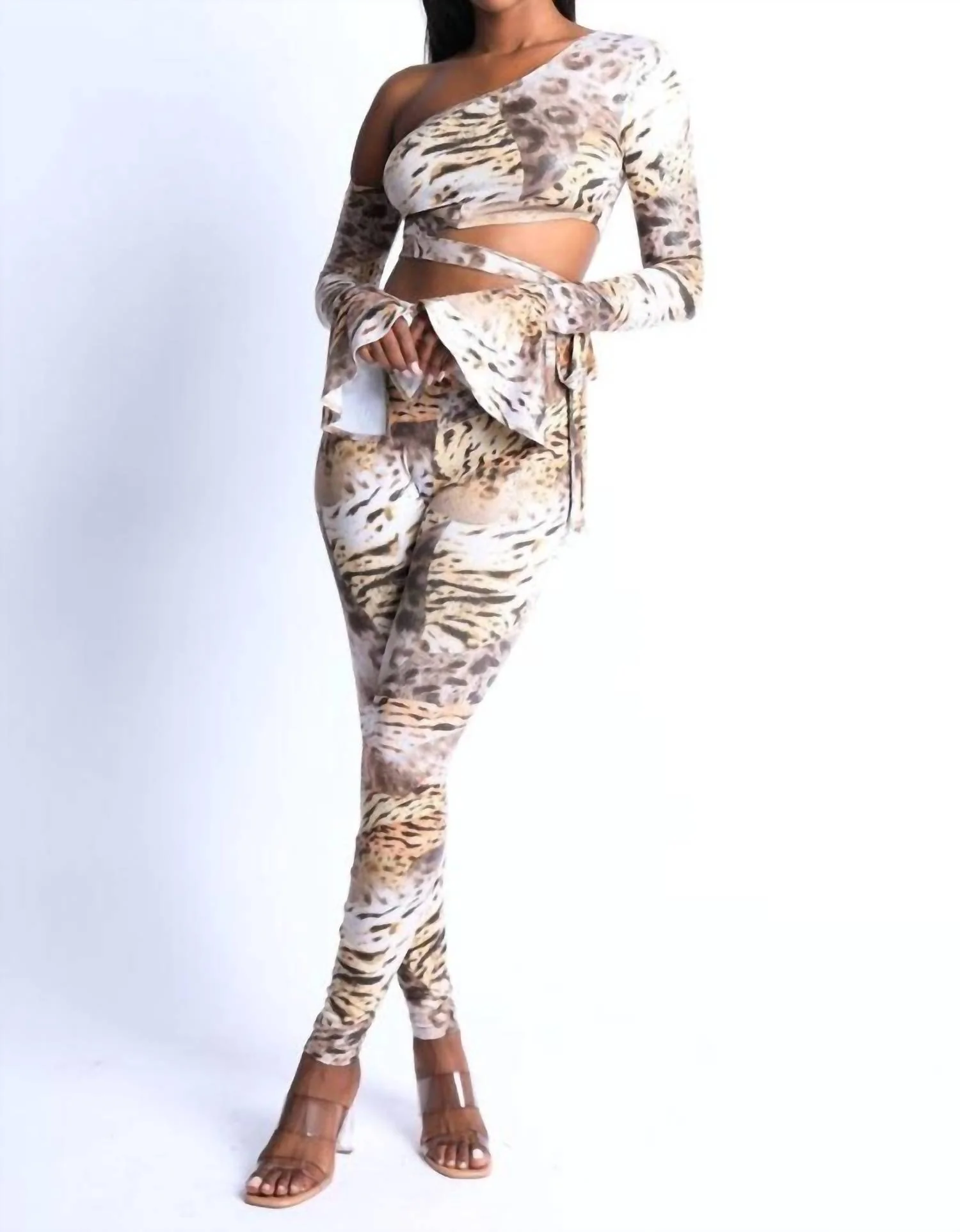 Jungle Asymmetric Shoulder And Legging Set In Mix Animal