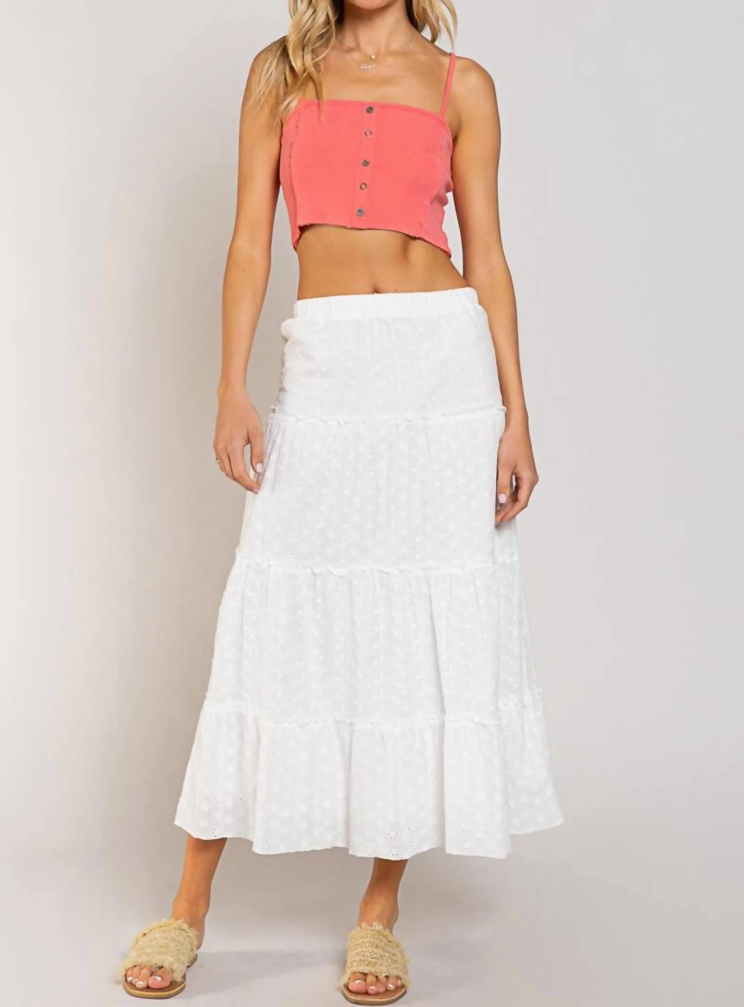 Eyelet Tiered Maxi Skirt In White