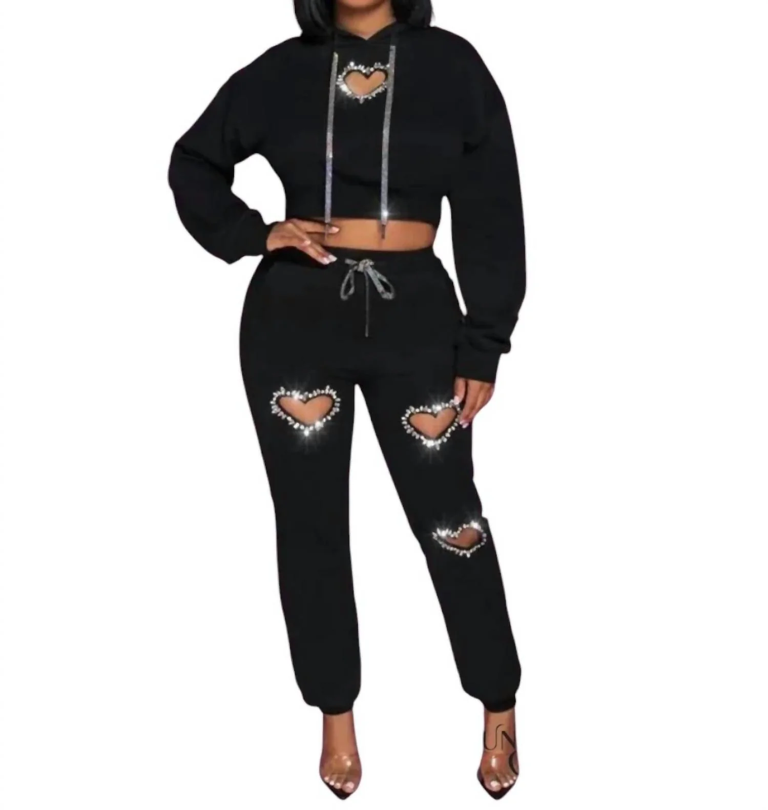Karlie Heart Cutout Crop Top & Jogger Set In Black