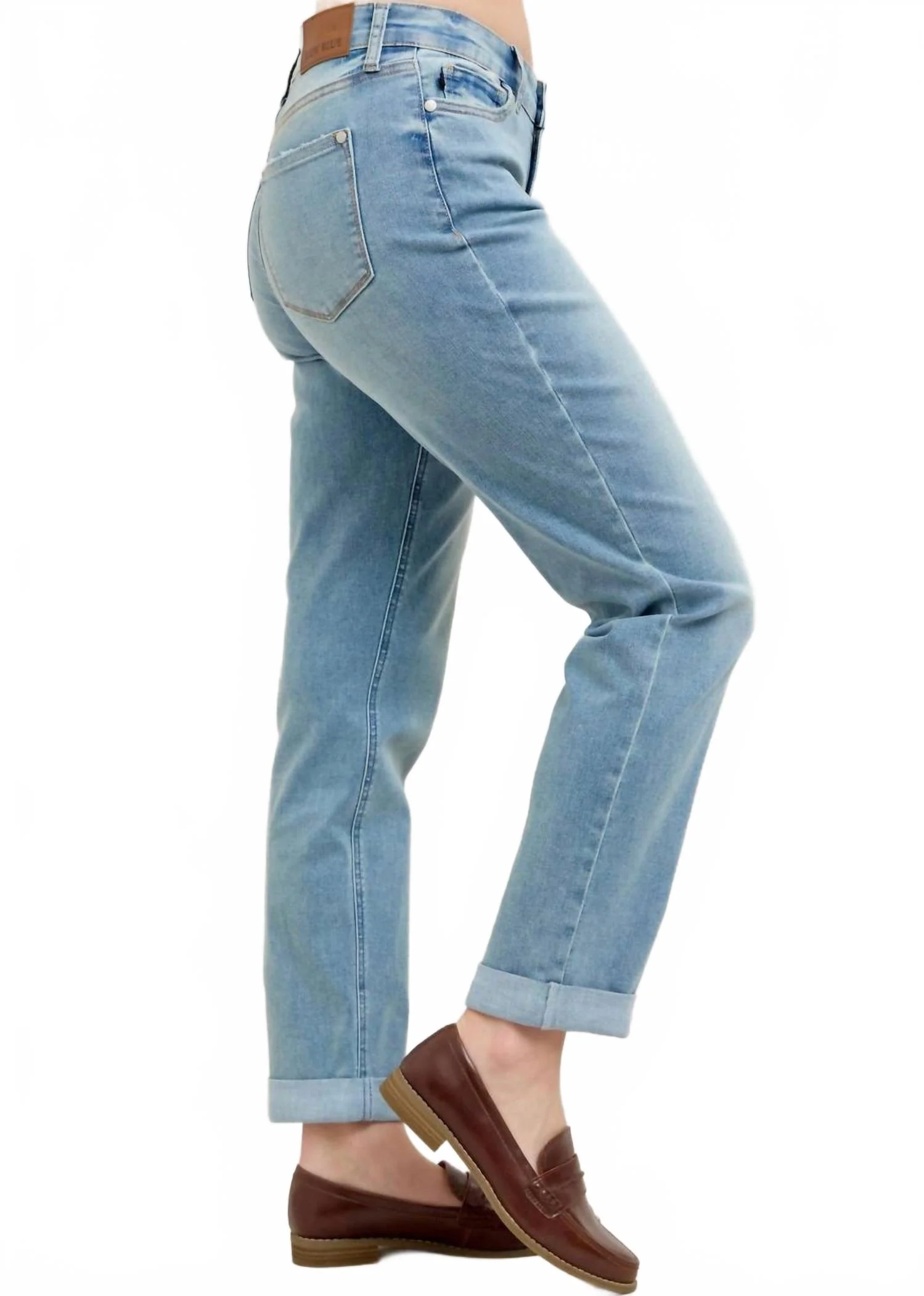 V-Front Cuff Boyfriend Jeans In Medium Denim